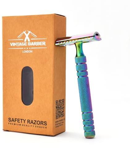 Safety Razor Double Edge | Rainbow Colour Metal Classic | Sustainable and Reusable | Fit For All DE Razor | VINTAGE BARBER LONDON