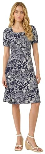 Roman Originals Women Gathered Chest Dress Ladies Stretchy Fit & Flare Swing Tea A Line Skater Waist Ruched Knee Length Midi Smart Casual Work Going Out Party - Patch Navy Blanc - Size 18