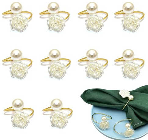 BSITSSS 10 Stück Gold Serviettenringe, Perlen Serviettenring, Elegante Rosen Servietten Ring, Metall Serviettenringe, Napkin Ring für Thanksgiving Hochzeitsfeier Familienessen Ostern Tischdekoration