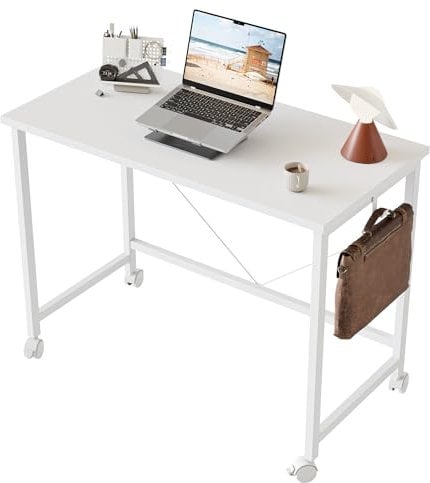 Mericonia 80 cm Computer Desk With Wheels, Gaming Desk for Small Spaces, Modern Simple Style Desk for Home Office, Study Student Writing Desk, White