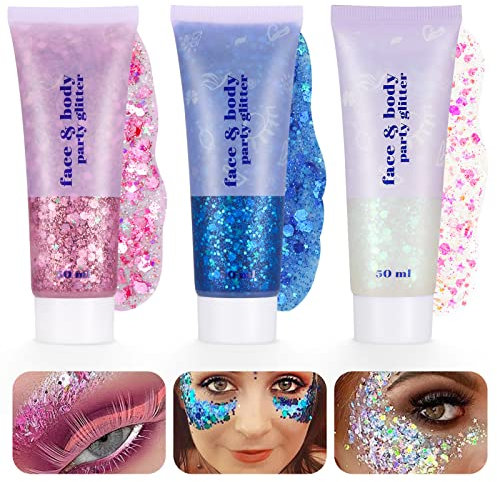 Xinstroe 3 Stück Body Glitter gel, Glitter Sequins Chunky Glitter Liquid Gel für Gesicht Haare Lippen Nägel Make Up Kosmetik Festival Party, Rosa,Blau,Weiß