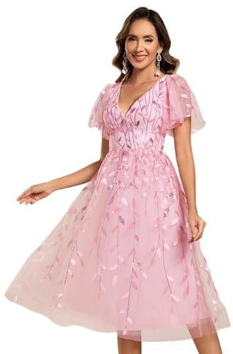 Ever-Pretty Prom Dress Leaf Sequin Short Sleeve Tulle Midi Wedding Guest Dress Pink 14UK