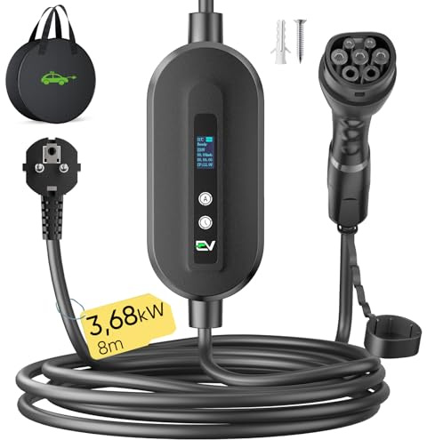 EVJUICION Ladekabel Elektroauto Typ 2 Schuko 3,68kW[1-phasig, 8m, 6-16A, IP67], EV Chargers Ladegerät mit Einstellbarer Ladeleistung Digitalanzeige für ID.3, ID.4, X1, Model Y/3, und Anderen PHEV/EV