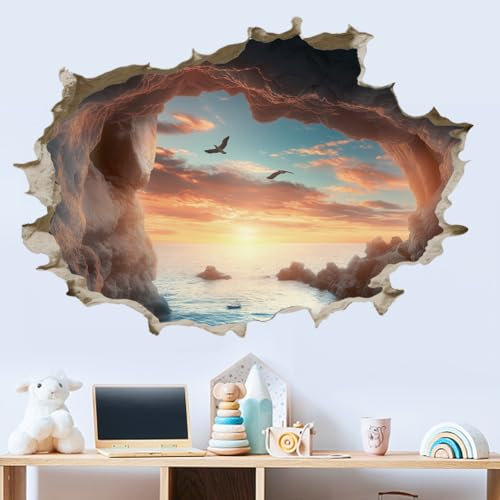 SUPERDANT 3D Wandaufkleber Höhle Am Meer 3D Wandsticker Kaputte Höhle Meereslandschaft Abnehmbar Abziehen Und Aufkleben Wandtattoo Vinyl Wandsticker Für Zuhause Wohnzimmer Schlafzimmer Badezimmer