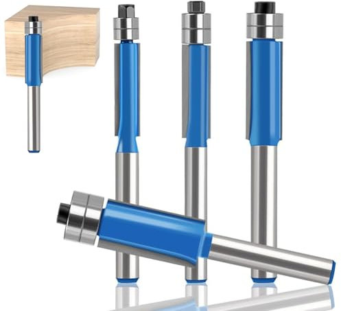 Flush Trim Router Bits 1/4 Shank – Cutting Diameters 1/4, 5/16, 3/8, 1/2, 4 Pcs Router Bit Set with Double Bearings, Professional Router Bits for Woodworking, Trimming & Milling