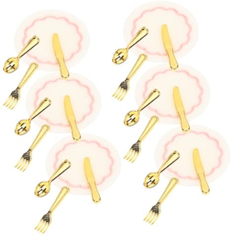 SOPOTUTU 6 Sätze Geschirr für Puppenhäuser Teiliges mit Tellern Gabeln und Löffeln für Mini Dekoration und Puppenhaus Zubehör Rosa Teller mit Goldenem Besteck