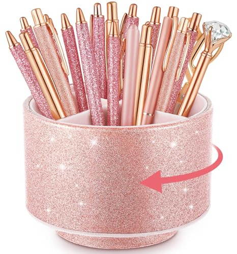 Epakh Rose Gold Glitter Pencil Holder for Desk 360 Degree Rotating Pen Organizer PU Leather Makeup Brush Stationery Holder for Gift Women Office Classroom Home Bling Pink(Pen Not Included)