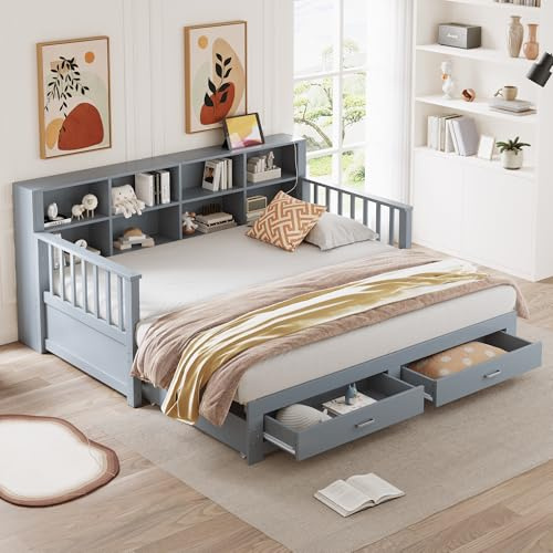 TOBIDOEN Multifunktionales Schlafsofa 90/180x190 cm mit ausziehbett gleiche höhe und Schubladen, Ausziehbares Massivholz Tagesbett, Stauschrank mit Mehreren Ablagefächern, Kiefernbett (Grau)
