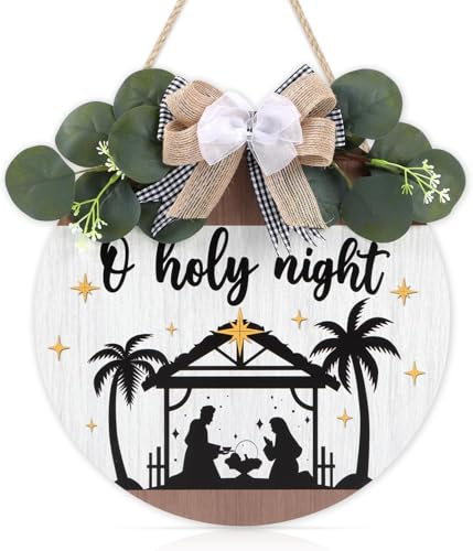TOARTi Christmas Wooden Hanging Plaque(11”x11”) Rustic Holy Night Wood Wall Sign,Christian Nativity Scene Front Door Sign,Religious Jesus Christmas Wall Decors for Holiday Porch Home Indoor Outdoor