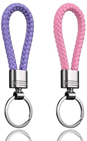 LynixTrade 2 Pcs Key Rings, Leather Keyrings for Women and Men | Braided Style Leather Key Fobs, Matte Plated, Bright Two-Colour Make Keys Easy to Spot, 15g Lightweight Comfortable in Pocket