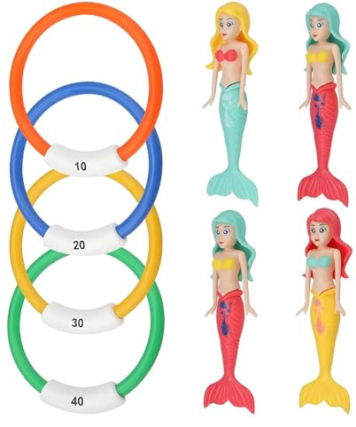 Shwdsy Jouet Piscine Enfant, 4 Anneaux Plongée Sirène PVC | 4 Anneaux de Plongée et Jouets Sirène en PVC, Adaptés Aux Jeux D'eau, Piscine et Activités de Plongée pour Enfants