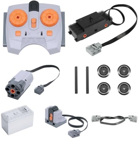 QIQIAZI Zug Motor Power Functions Set, Motoren Set mit IR-Empfänger, Fernbedienung, Batteriebox, M-Motor, Zugmotor mit 2 Achsen und 4 Rädern, Verlängerungskabel,für Vielen Modellen