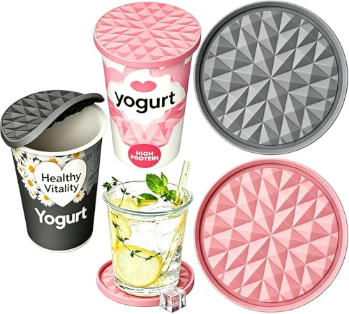 Yogurt Pot Lids, 2 Pack 9.5 cm Reusable Silicone Covers for Yoghurt and Cream Pots, Airtight Leakproof Reversible Coasters