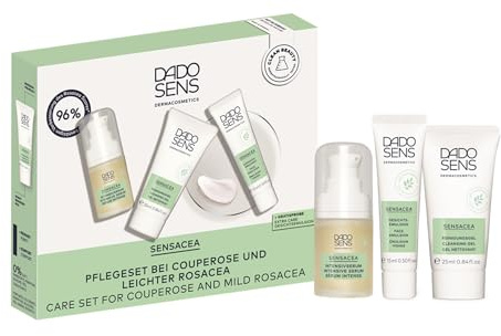 DADO SENS SENSACEA Rosacea Kennenlern-Set, Gesichtspflege 2x 15ml + 25ml | Feuchtigkeitsspendendes Intensivserum, Beruhigende Gesichtsemulsion, Milde Reinigungsgel, Beruhigt, Kühlt, Mildert Rötungen