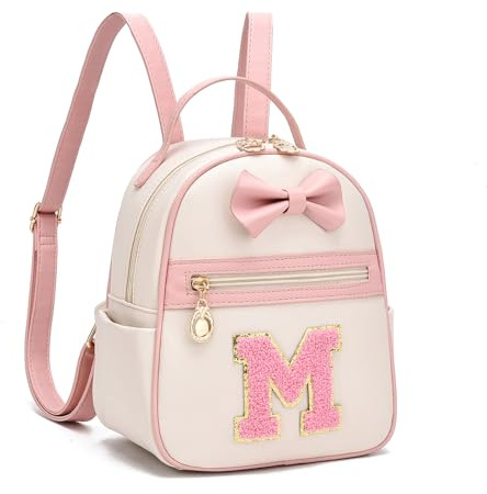 I IHAYNER Mini Rucksack Damen Mädchen mit Initiale Schleife Kleiner Rucksack Vegan Leder Backpack Personalisiert Geschenk Tasche Rosa-M