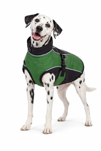 Softshell Hundemantel Grün wasserabweisend Winddicht warm gefüttert reflektierend atmungsaktiv Hundejacke mit Leinenöffnung verstellbar Wintermantel für kleine große Hunde (62cm)