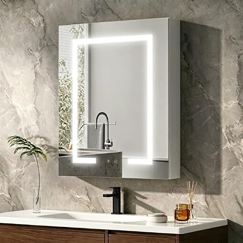 Wumagin Spiegelschrank Bad 100% Vormontiert mit LED Beleuchtung & Antibeschlag, Badezimmerschrank mit Steckdose & USB, Alu Badspiegel mit Dimmbar & Höhenverstellbaren Glasböden (70x50 cm)