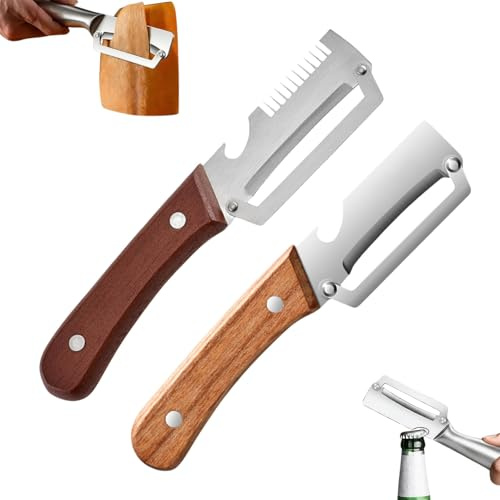 Pelador Multifuncional 3 en 1 con Mango ergonómico de Madera, pelador de Patatas y Frutas de Acero Inoxidable con función de Cortador para Embutidos y Verduras (Pack de 2 Unidades)