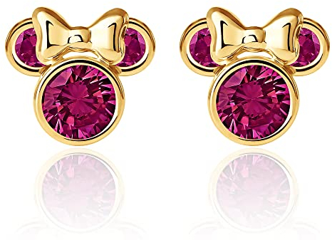 Disney Minnie Mouse Ohrringe mit 10 karät Gelbgold für Mädchen, verziert mit Zirkonia Geburtsstein, Rot