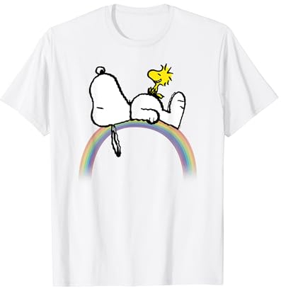 Peanuts Erdnüsse Snoopy Woodstock Regenbogen T-Shirt, Unisex Erwachsene Alltag, Blau, S