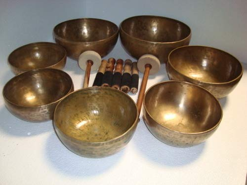 Ensemble de 7 bols tibétains pour la guérison des chakras, tibétains, anciens, de l'Himalaya, 7 bols en métal, pour la méditation et la prière de guérison, yoga, avec maillet et coussin chakras