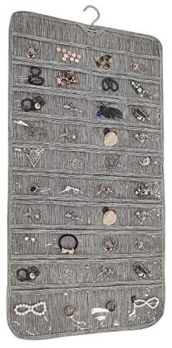 BB Brotrade Hängender Schmuck-Organizer, 80 Taschen, doppelseitig, für Halsketten, Ohrringe, Ringhalter für Schmuck (grau)