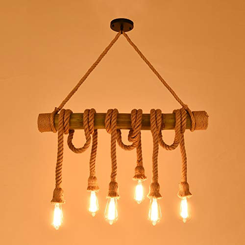 TIMBERINO Rope Ceiling Light Rustic Lighting - Retro Hemp Rope Pendant Lamp 6 Head Chandelier Bamboo E27 Light Fitting