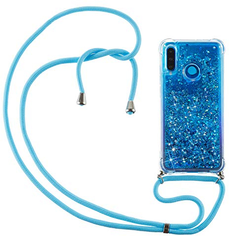 CaseLover Handykette Handyhülle für Huawei P30 Lite, Glitzer Flüssig Bewegende Treibsand Transparent Silikon Case mit Kordel zum Umhängen Necklace Phone Hülle Band für Huawei P30 Lite, Blau