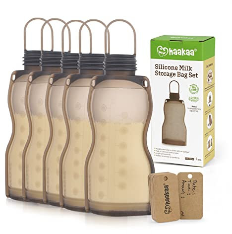 Bolsas de almacenamiento de leche materna, silicona, reutilizable, 5 paquete, blanco, antifugas, 9 onzas, paquete de 5, haakaa
