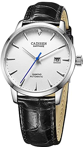 CADISEN Automatik Uhr Herren Saphirglas Wasserdicht MIYOTA 9015 Armbanduhr (Weißer Ledergürtel)