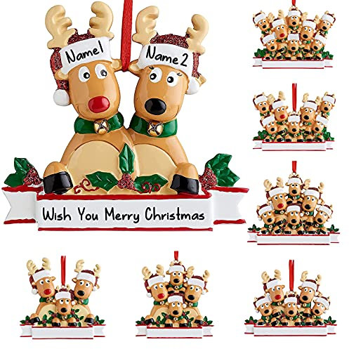 Personalised Deer Christmas Ornaments 2021 Family of 2,3,4,5,6,7,8 Custom Name Reindeer Xmas Ornament with Text,Customised Christmas Decoration Gifts