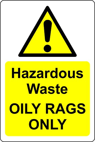 Hazardous waste bin sign - Oily rags only Safety sign - Self adhesive sticker (200mm x 150mm)