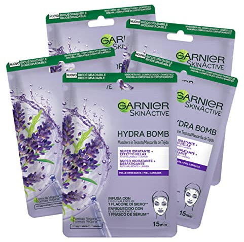 Garnier Maschera in Tessuto Skin Active Hydra Bomb, Super Idratante ed Effetto Relax, Con Acido Ialuronico e Lavanda, Per Pelli Stressate, Confezione da 5