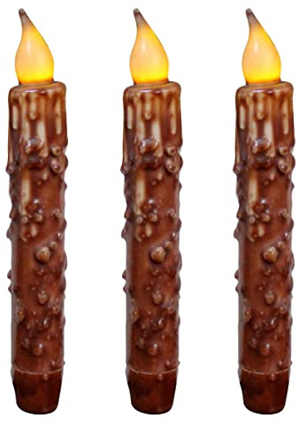 CVHOMEDECO. Real Wax Hand Dipped Battery Operated LED Timer Taper Candles Country Primitive Flameless Lights Décor, 6.75 Inch, Coffee, 3 PCS in a Package