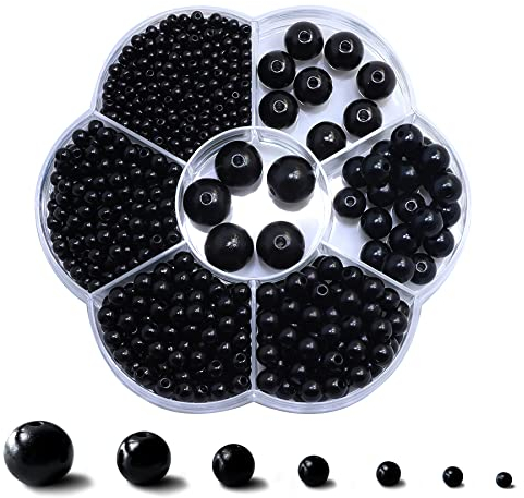 Dreamark 1150 Stück Bastelperlen Set Klein, 3/4/5/6/8/10/12mm Runde Perlen zum Auffädeln Schwarz Set Perlen Ketten Selber Machen Set Perlen für Perlenkette zum selber machen