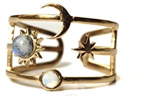 Himmlischer Ring mit Sonne Mond und Sterne/Mondstein Ring Gold/Opal Astrologie schmuck/Himmelskörper ring/Geschenk für sie