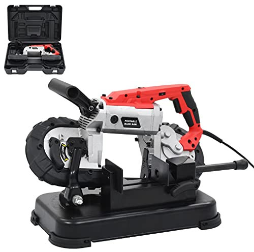 Tidyard Sierra de Cinta para Metal con Base y Maletín Portátil de Acero, Capacidad 12,7 x 12,7 cm, Velocidad Regulable, Negro y Rojo