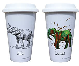 Elephant Travel Mug Personalised - Gift for Safari Lover - Personalised Zoo Wild Animal Thermal Ceramic Insulated Travel Mug (Lucas)