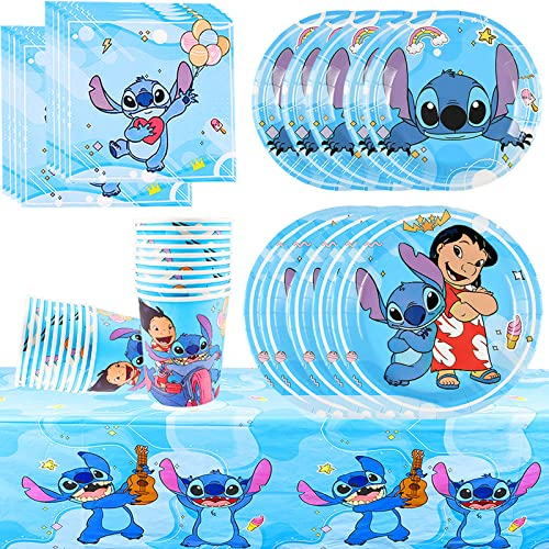 Juego de Vajilla de Fiesta Lilo 51 Piezas Vajilla Fiesta Cumpleaños para Niños, Kit de Vajilla de Cumpleaños , Vajilla Decoración de Fiestas de Cumpleaños Platos,Vasos,Servilletas,Mantel