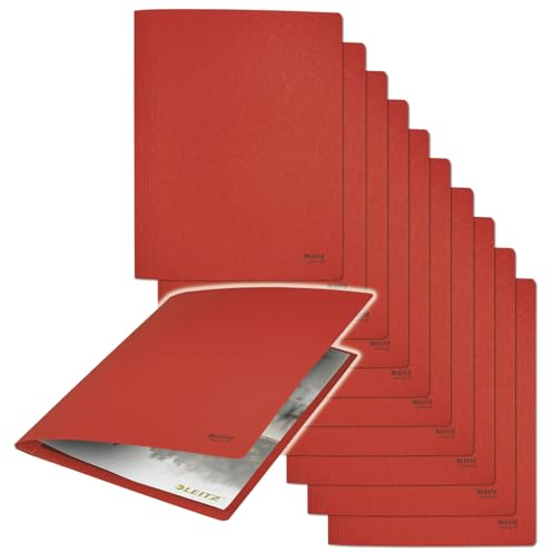 Leitz Recycle Schnellhefter A4, 10er Pack, Für 250 Blatt, Stabile Metallbügel zur Ablage von Dokumenten, 100 % recycelter Karton, Umweltfreundlich, Recycle Serie, Rot, 39040025