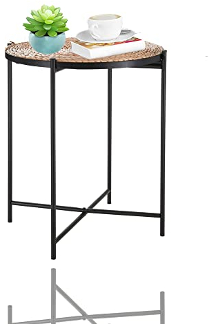 GBS Rattan Design Metal Side Coffee Tray Table, Rattan Tray Top Round Side End Table, Living Room Snack Table with Metal Frame