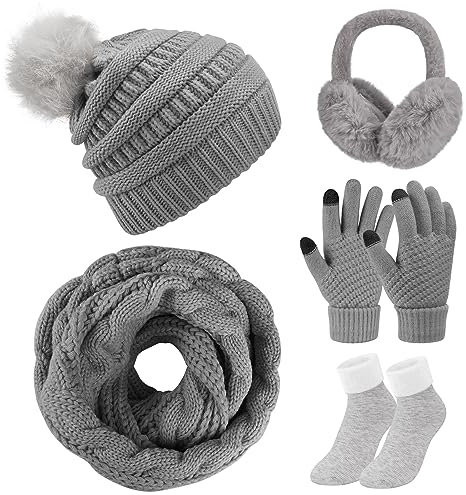 Xnova Wintermütze Damen Fleece Gefütterte Schal Handschuhe Ohrenwärmer und Socken Set 5 in 1, Warme Winddicht Touchscreen Handschuhe Strickset Combo Winterzubehör Geschenke Für Frauen(Grau)