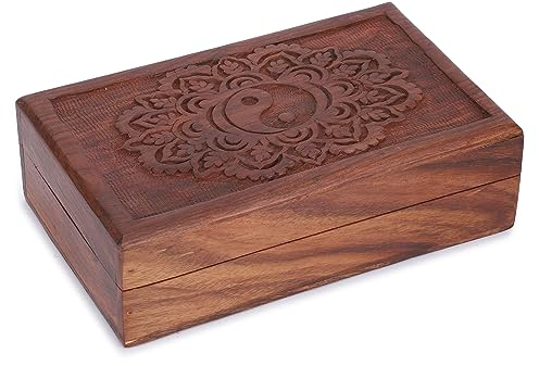 Ajuny Handgeschnitzte Dekorative Schmuck Aufbewahrungsbox aus Holz mit Tai Chi Blumendesign Mehrzweck Schatztruhe Andenken Organizer Halsketten Uhrenboxen Geschenke 8x5 Zoll