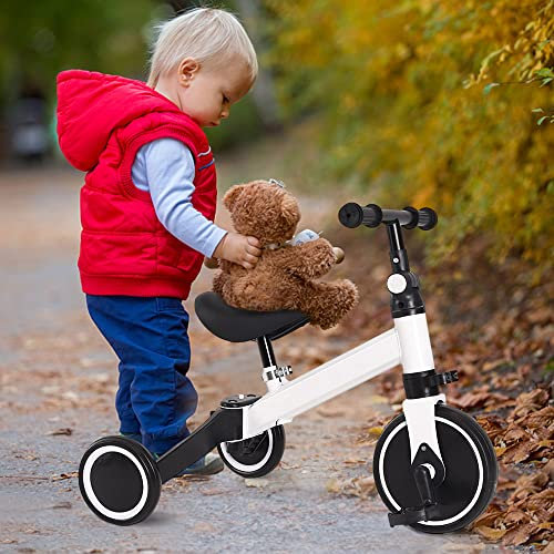 2 in 1 Kinder Dreirad & Laufrad & Balance Bike mit verstellbarem Sitz und Lenker, Kinder Tricycle mit abnehmbaren Pedalen, für Kinder von 1-3 Jahre alt-2 in 1 (weiß)