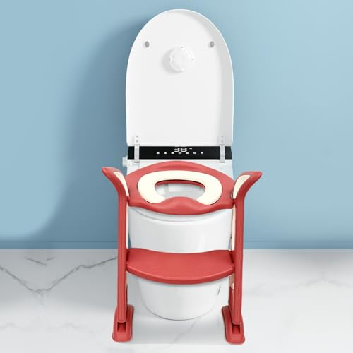 Toilettensitz Kinder mit Treppe, Töpfchen mit Leiter & PU Gepolstert, WC Sitz Kinder, Höhenverstellbar 34-44cm, Stabilen Rutschfester Tritt, Toilettenaufsatz für Kinder ab 1-7 jahre (Rosa)