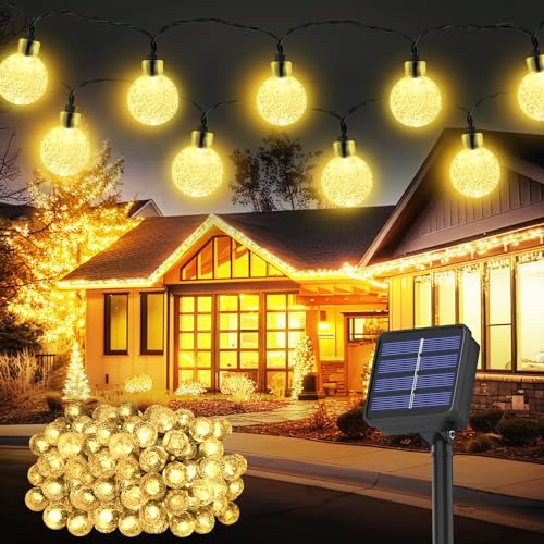 Solar Lichterkette Aussen Wetterfest, 100 LED 18M 59Ft 8 Modi IP65 Solarlichterkette aussen Wetterfest Solar Lampions Kristallkugeln für Balkon Deko Terassen Garten Weihnachten Partys Zuhause warmweiß