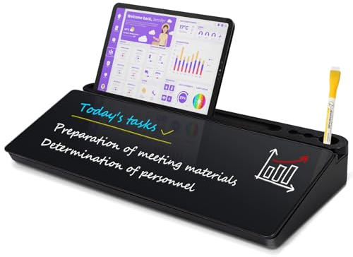 QUEENLINK Glass Desktop Whiteboard with Storage, 40 x 18 cm Small Dry Erase Board with Drawers Desk Whiteboard with Stand Computer Keyboard Stand Organizer for Office Desk Accessories（Black）