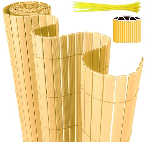 Eulenke PVC Sichtschutzmatte, 180 x 400cm Sichtschutzzaun mit Kabelbindern, Innen W-Struktur Verstärkte Lamellen, Windschutz Balkon sichtschutz für Zaun Garten Terrasse, Bambus