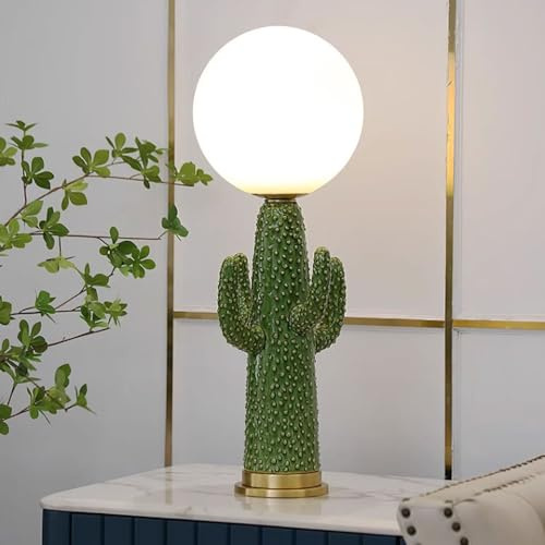 YBIOK Lampe De Table en Céramique Cactus Vert 26,8 Po, Lampe De Chevet en Verre Dépoli, Abat-Jour Globe | Lampe De Chevet Moderne pour Chambres Et Salon (Ampoule Non Incluse)