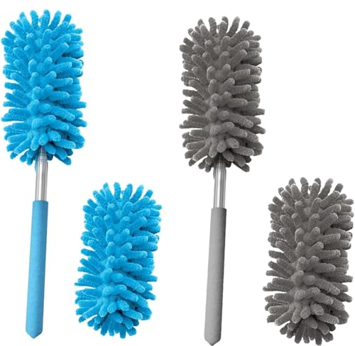 FCSNJH 4 Stück Staubwedel Waschbar, Lang Ausziehbar 75cm, Teleskop Waschbar, Spinnenwebenentferner, Mikrofaser, Blue, Gray